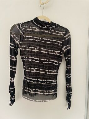 love, Fire Black and White Sheer Striped Mock Neck Top
